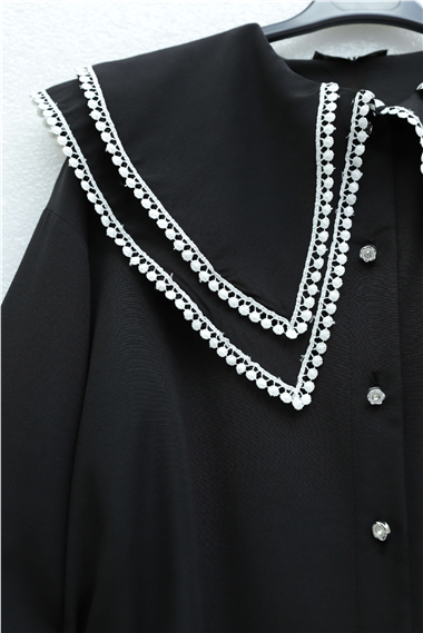Womens Neckline Lace Waist and Sleeve Drawstring Poplin Tunic - Black