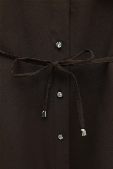 Yakası Dantelli Beli Ve Kolu Bağcıklı Poplin Tunik  -Kahverengi