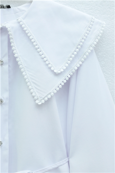 Yakası Dantelli Beli Ve Kolu Bağcıklı Poplin Tunik  -Beyaz