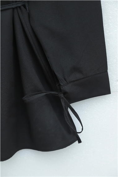 Womens Neckline Lace Waist and Sleeve Drawstring Poplin Tunic - Black