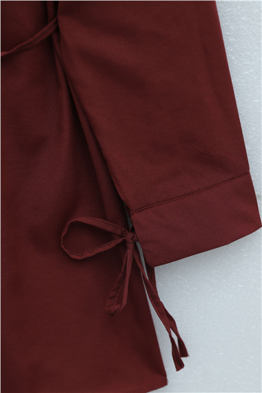 Yakası Dantelli Beli Ve Kolu Bağcıklı Poplin Tunik  -Bordo