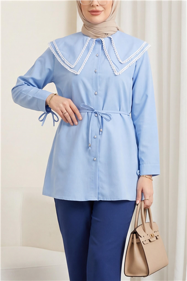 Yakası Dantelli Beli Ve Kolu Bağcıklı Poplin Tunik  -Açık Mavi