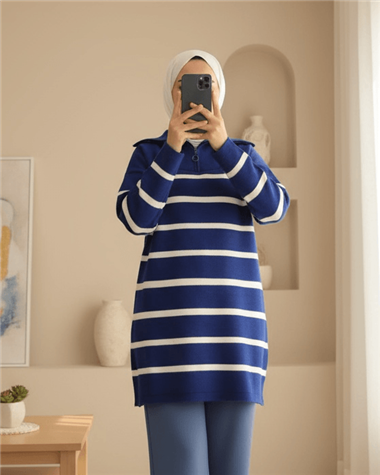 Yakası Fermuarlı Çizgili Triko Tunik -Saks