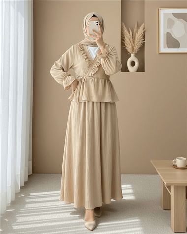 Yakası Fırfırlı Önü Bağlamalı Etekli Kimono Takım  -Açık Vizon