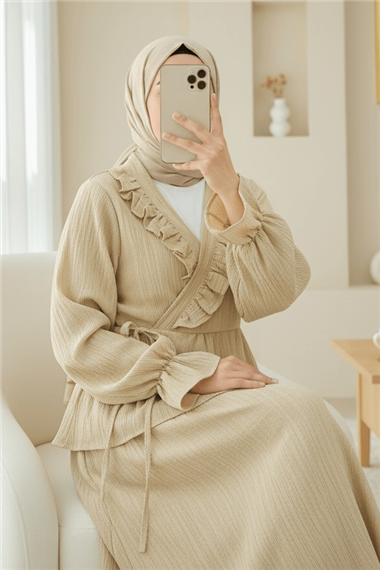 Yakası Fırfırlı Önü Bağlamalı Etekli Kimono Takım  -Açık Vizon