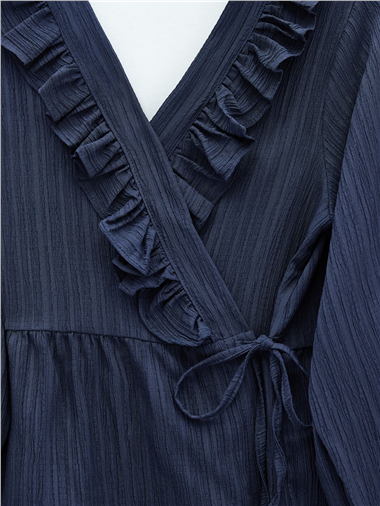 Yakası Fırfırlı Önü Bağlamalı Etekli Kimono Takım  -Laci