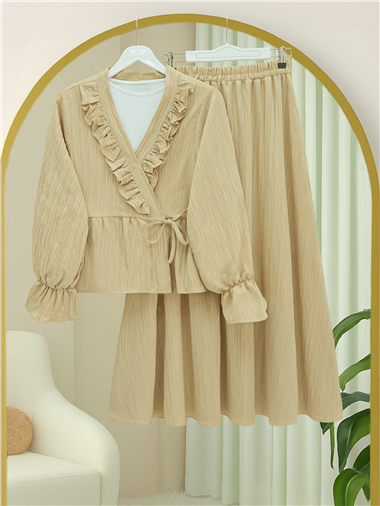 Yakası Fırfırlı Önü Bağlamalı Etekli Kimono Takım  -Açık Vizon