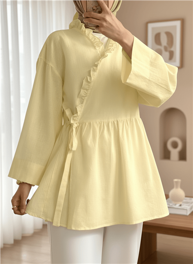 Yakası Fırfırlı Yandan Bağlamalı Keten Kimono   -Açık Sarı