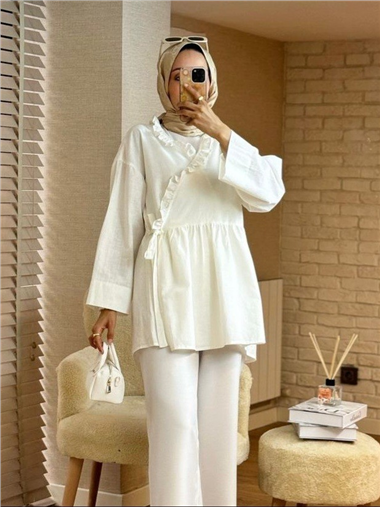 Yakası Fırfırlı Yandan Bağlamalı Keten Kimono -Ekru