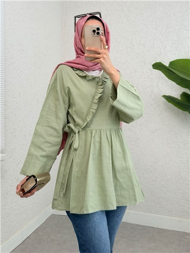 Yakası Fırfırlı Yandan Bağlamalı Keten Kimono  -Mint