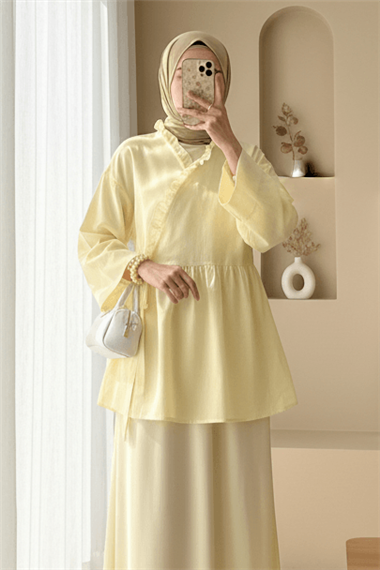 Yakası Fırfırlı Yandan Bağlamalı Keten Kimono   -Açık Sarı