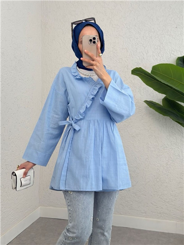 Yakası Fırfırlı Yandan Bağlamalı Keten Kimono  -Bebe Mavi
