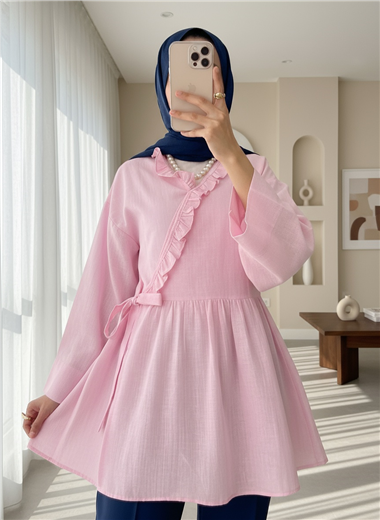 Yakası Fırfırlı Yandan Bağlamalı Keten Kimono  -Pembe