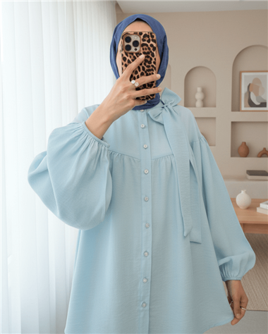 Yakası Fiyonk Detaylı Kolu Lastikli Düğmeli Keten Tunik -Bebe Mavi
