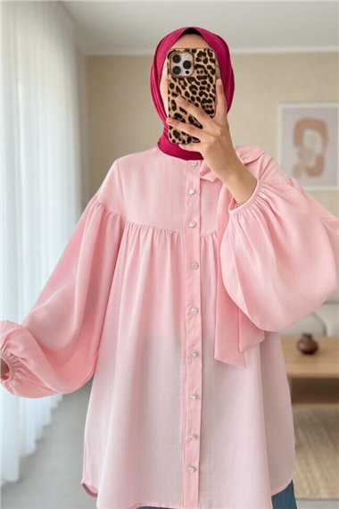 Yakası Fiyonk Detaylı Kolu Lastikli Düğmeli Keten Tunik -Pembe