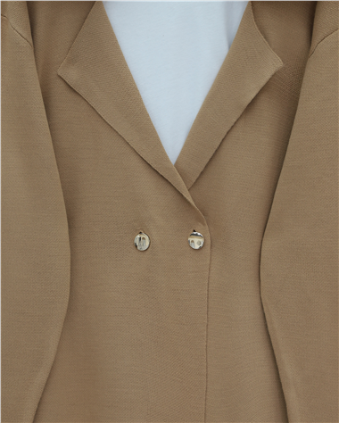 Yakası Kürklü Çift Düğmeli Uzun Triko Hırka -Vizon