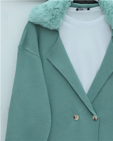 Yakası Kürklü Çift Düğmeli Uzun Triko Hırka -Mint