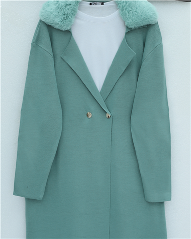 Yakası Kürklü Çift Düğmeli Uzun Triko Hırka -Mint