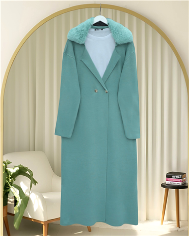 Yakası Kürklü Çift Düğmeli Uzun Triko Hırka -Mint