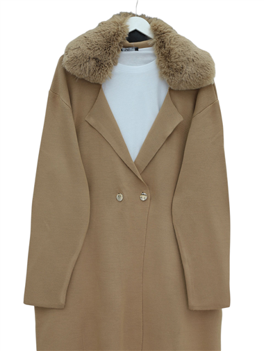 Yakası Kürklü Çift Düğmeli Uzun Triko Hırka -Vizon