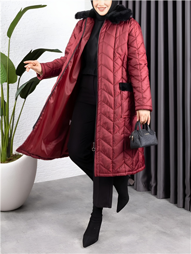 Yakası Kürklü Kemerli Cepli Kapitone Kaban   -Bordo