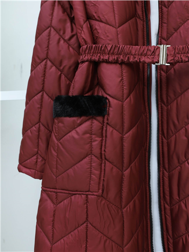 Yakası Kürklü Kemerli Cepli Kapitone Kaban   -Bordo