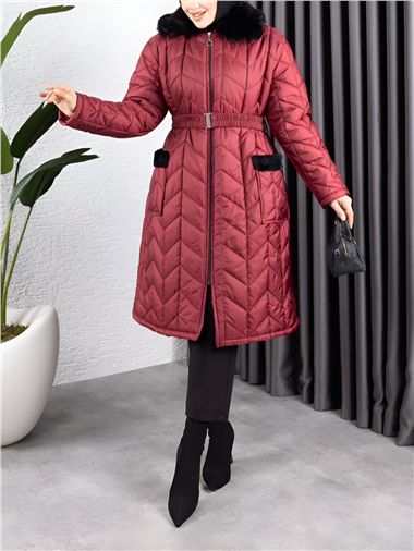 Yakası Kürklü Kemerli Cepli Kapitone Kaban   -Bordo