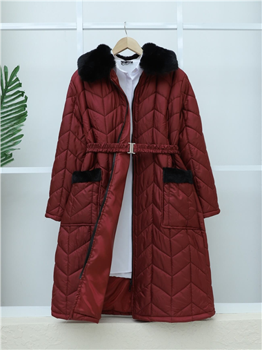 Yakası Kürklü Kemerli Cepli Kapitone Kaban   -Bordo