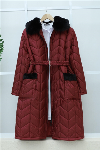 Yakası Kürklü Kemerli Cepli Kapitone Kaban   -Bordo