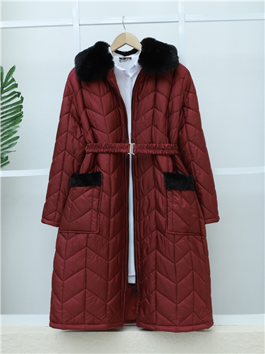 Yakası Kürklü Kemerli Cepli Kapitone Kaban   -Bordo