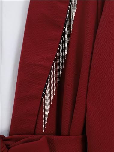 Yakası Metal Püsküllü Kemerli Ceket Pantolon Takım -Bordo