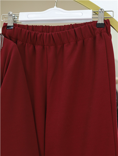 Yakası Metal Püsküllü Kemerli Ceket Pantolon Takım -Bordo