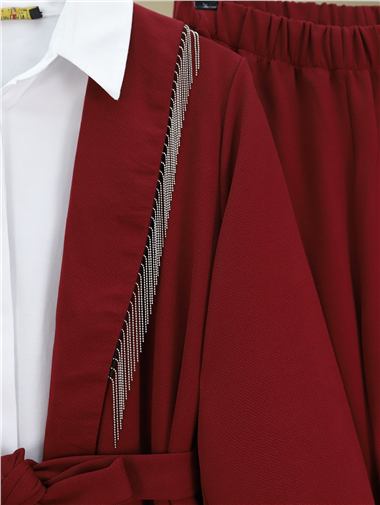Yakası Metal Püsküllü Kemerli Ceket Pantolon Takım -Bordo