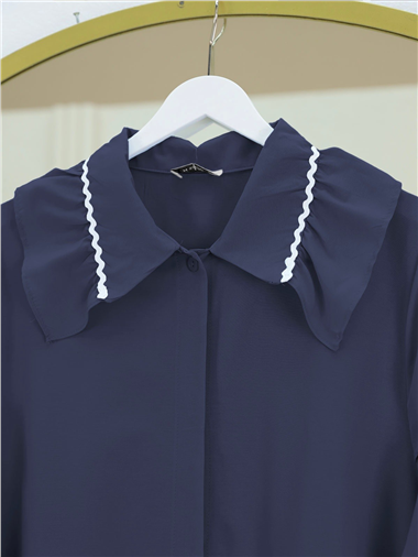 Yakası Süzene Nakış Detaylı Kolu Lastikli Poplin Tunik -Laci