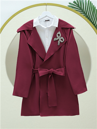 Yakası Taş Armalı Kemerli Scuba Kimono -Bordo