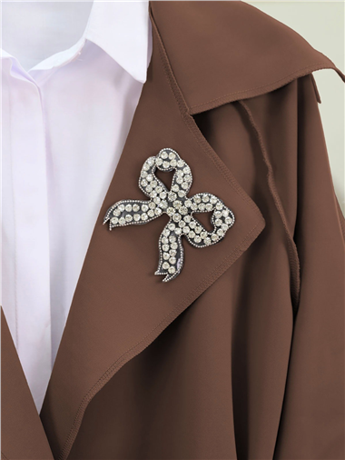 Yakası Taş Armalı Kemerli Scuba Kimono -Kahve