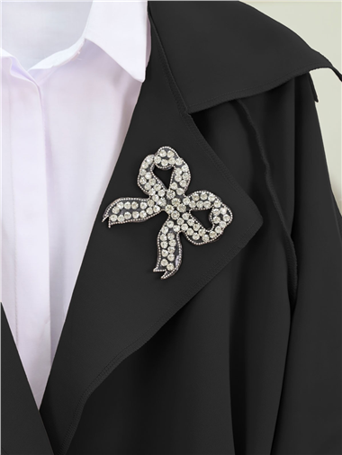 Yakası Taş Armalı Kemerli Scuba Kimono -Siyah