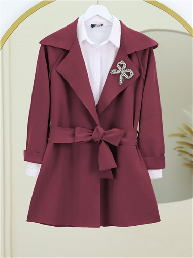 Yakası Taş Armalı Kemerli Scuba Kimono -Bordo