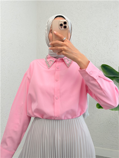 Yakası Taş Detaylı Düğmeli Salaş Gömlek -Pembe