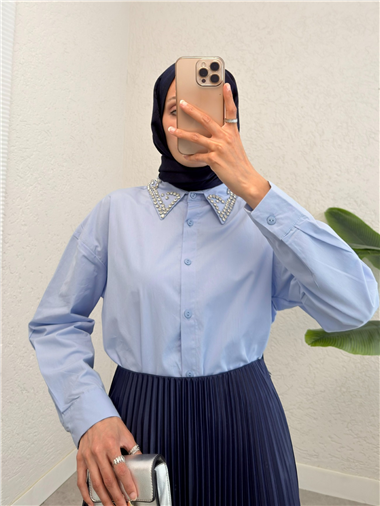 Yakası Taş Detaylı Düğmeli Salaş Gömlek -Bebe Mavi