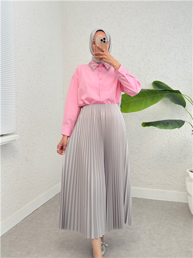 Yakası Taş Detaylı Düğmeli Salaş Gömlek -Pembe