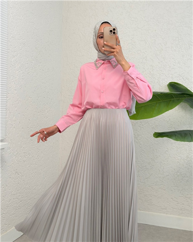 Yakası Taş Detaylı Düğmeli Salaş Gömlek -Pembe