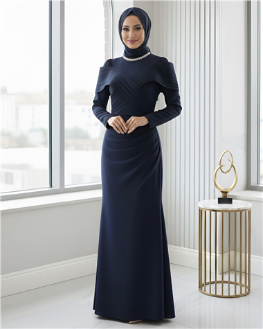 Yakası Taş Detaylı Omuzu Kat Drapeli Abiye -Laci