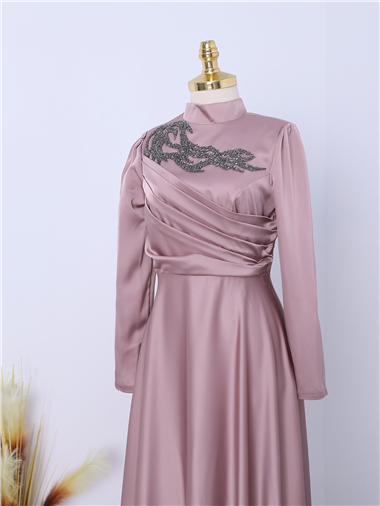 Yakası Taşlı Önü Drapeli  Abiye -Pembe