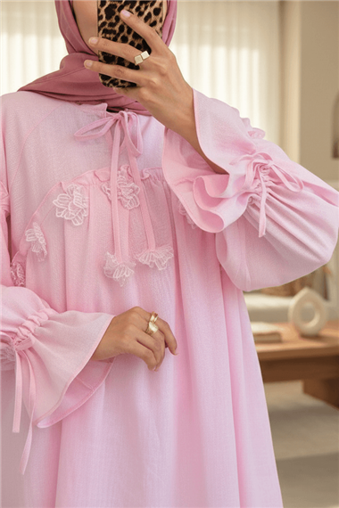 Yakası Ve Kolları Bağlamalı Önü Çiçek Detaylı Gömlek -Pembe
