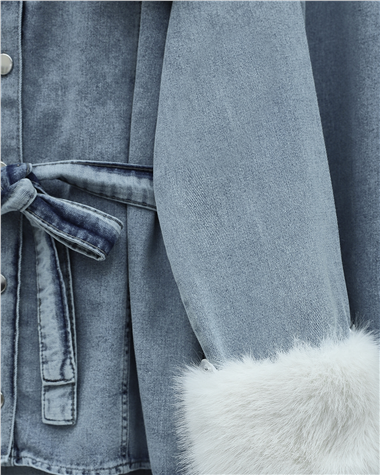 Yakası Ve Kolları Kürklü Beli Kuşaklı Bebe Yaka Kot Takım -Buz Mavi