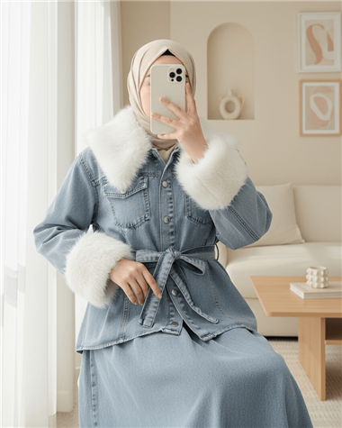 Yakası Ve Kolları Kürklü Beli Kuşaklı Bebe Yaka Kot Takım -Buz Mavi
