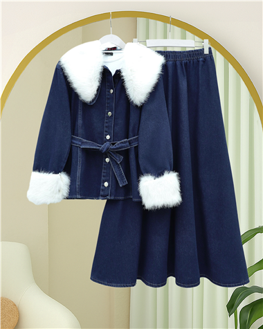 Yakası Ve Kolları Kürklü Beli Kuşaklı Bebe Yaka Kot Takım -Laci