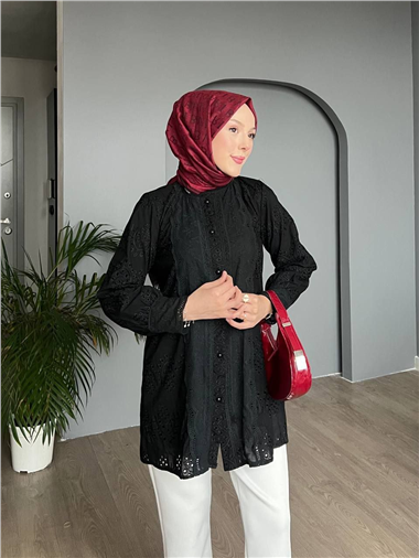 Yakası Ve Kolu Dantelli Top Düğmeli Astarlı Gömlek -Siyah
