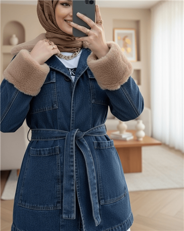 Yakası Ve Kolu Kürklü Önü Bağlamalı Cepli Kot Ceket -İndigo